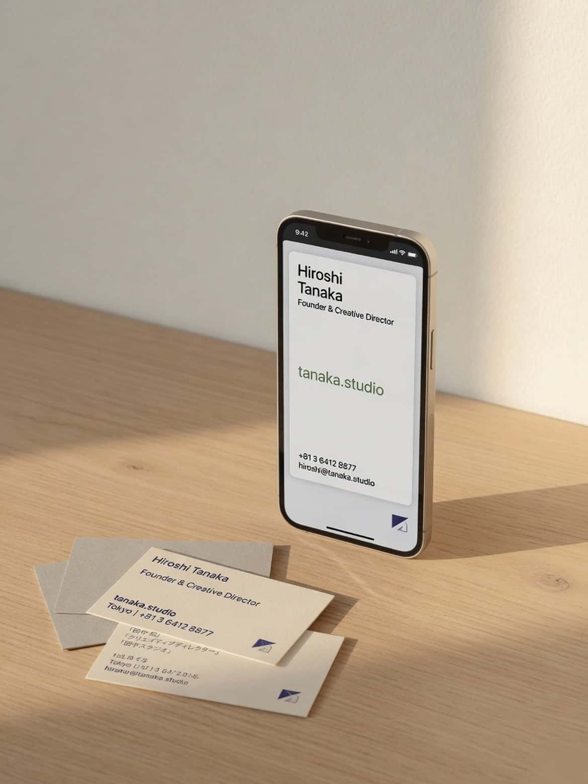 木のデスクに立てたスマートフォン。左下に名刺がある。